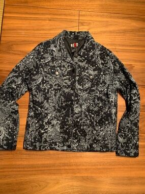 REDD Black Print Women's Jacket, sz 8, cotton, sequins, classic denim jacket EUC